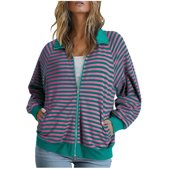 UAMVSH Womens Casual Jacket Lapel Long Sleeve Striped Sweatshirts Oversized Comfy Zip Up Fall Coats with Pockets Trendy Outfits