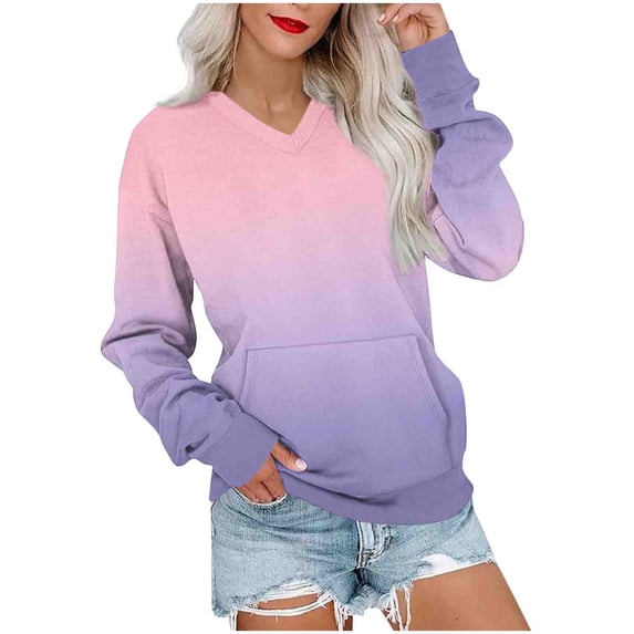 UAMVSH Womens Casual Long Sleeve Sweatshirt Loose Gradient Crewneck Pullover Tops Fall Fashion Drop Shoulder V Neck Cute Tops with Pocket
