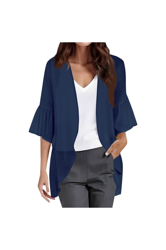 Womens Chiffon 3/4 Sleeve Lightweight Cardigans Fashionable Open Front Ruffle Sleeve Jackets Loose Fit Mesh Outerwear Fall Outfits(Medium,Navy)
