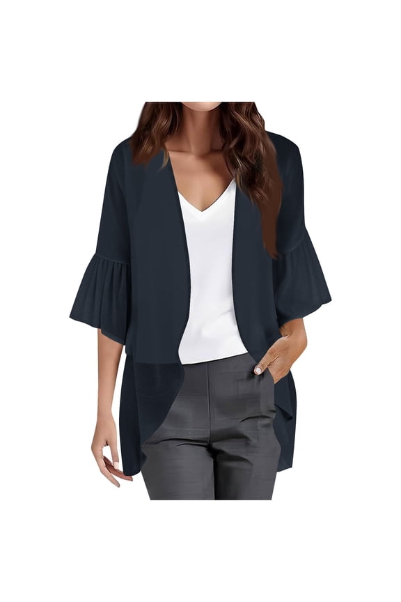 Womens Chiffon 3/4 Sleeve Lightweight Cardigans Fashionable Open Front Ruffle Sleeve Jackets Loose Fit Mesh Outerwear Fall Outfits(XX-Large,Black)