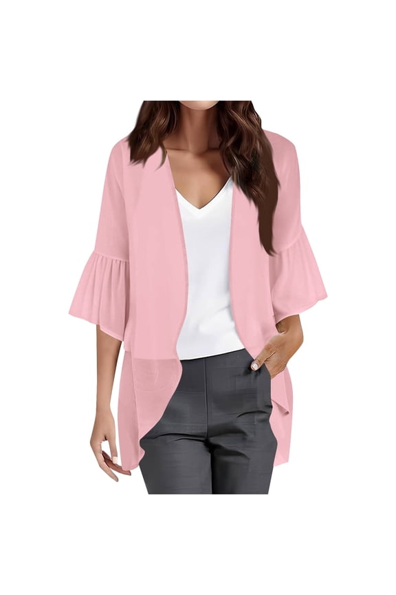Womens Chiffon 3/4 Sleeve Lightweight Cardigans Fashionable Open Front Ruffle Sleeve Jackets Loose Fit Mesh Outerwear Fall Outfits(XX-Large,Pink)