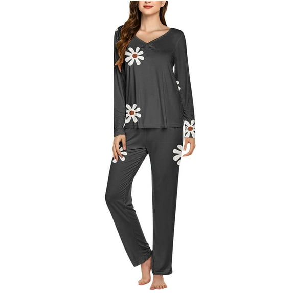 UAMVSH Womens Christmas Pajama Sets 2 Piece Printed Graphic Long Sleeve Loungewear Pleated V Neck Cute Tops and Pants Pj Set