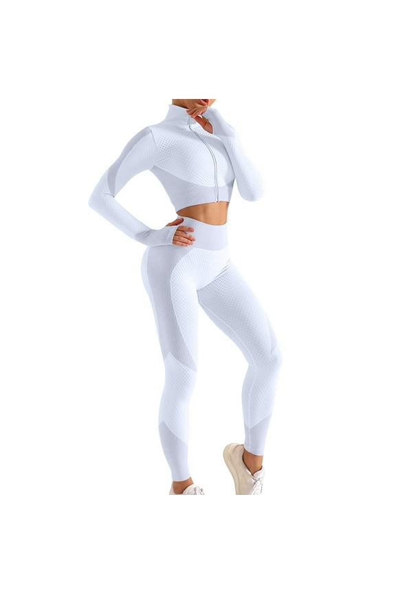 Womens Color Block 2 Piece Gym Yoga Outfits Full Zip up Cropped Athletic Jacket and High Waist Leggings Long Sleeve Workout Sets(X-LargeSilver 1)