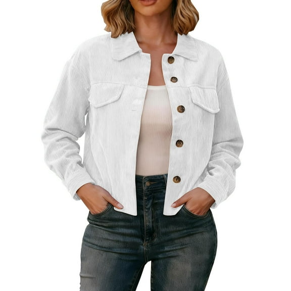 UAMVSH Womens Corduroy Jacket Casual Lapel Button Down Cropped Shacket Fall Vintage Long Sleeve Outwear Trendy Outfits