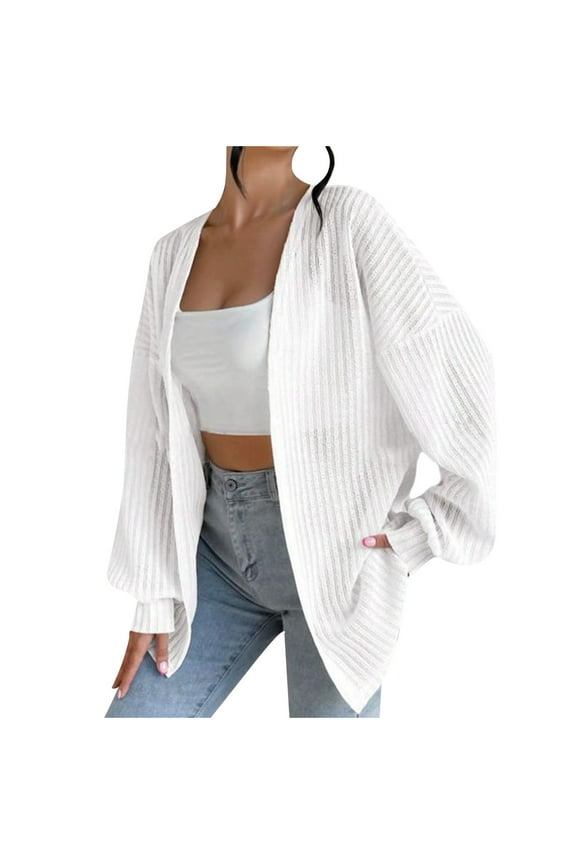 Womens Cotton Cardigan Trendy Ribbed Knitted Long Lantern Sleeve Dusters Oversized Open Front Lightweight Duster Coats(Large,White)