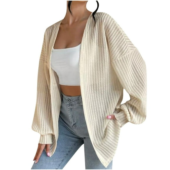 UAMVSH Womens Cotton Cardigan Trendy Ribbed Knitted Long Lantern Sleeve Dusters Oversized Open Front Lightweight Duster Coats(X-Large,Beige)