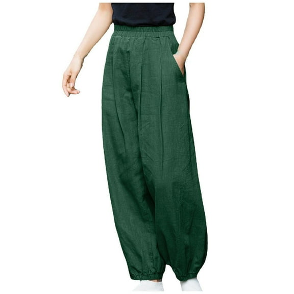 UAMVSH Womens Cotton Linen Palazzo Pants Elastic High Waist Casual Cinch Bottom Wide Leg Trousers with Pockets