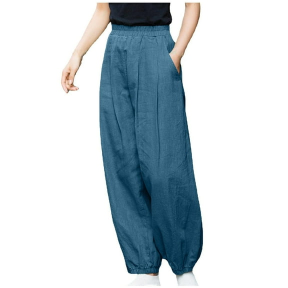 UAMVSH Womens Cotton Linen Palazzo Pants Elastic High Waist Casual Cinch Bottom Wide Leg Trousers with Pockets