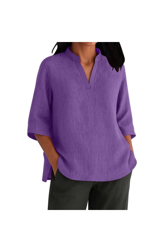 Womens Cotton Linen Shirts Baggy Summer Casual V Neck Blouses Lightweight Loose Fit 3/4 Sleeve Side Slit Pullover Tops(Medium,Purple)