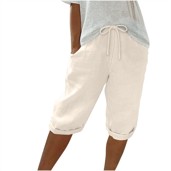 UAMVSH Womens Cotton Linen Shorts Summer Trendy Bermuda Shorts Drawstring Waist Knee Length Beach Shorts with Pockets