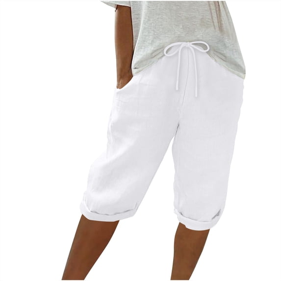 UAMVSH Womens Cotton Linen Shorts Summer Trendy Bermuda Shorts Drawstring Waist Knee Length Beach Shorts with Pockets