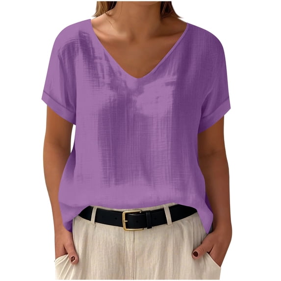UAMVSH Womens Cotton Linen T Shirts V Neck Short Sleeve Tunic Tops Oversized Casual Summer Basic Tees for Beach Vacation