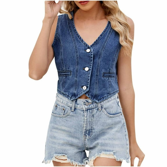 UAMVSH Womens Cropped Denim Vests Lightweight Button down Cropped Jean Jackets Trendy Western Sleeveless Tank Tops Ladies Fashion(Large,Dark Blue)
