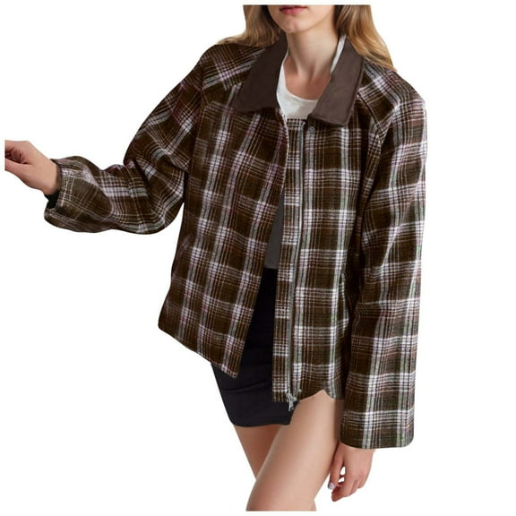 UAMVSH Womens Cropped Jackets Dressy Casual Zip Up Plaid Shirts Shacket Trendy Lapel Long Sleeve Outwear with Pockets