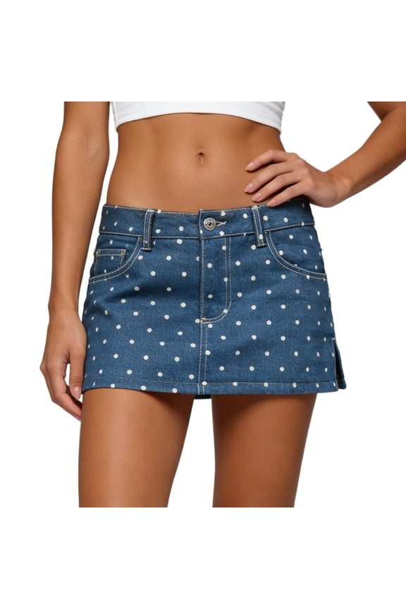 Womens Denim Skirt Stretchy Low Waist Polka Dots Print Short Skirts Side Split Casual Mini Jean Skirt with Pockets