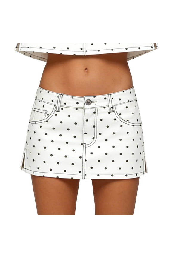 Womens Denim Skirt Stretchy Low Waist Polka Dots Print Short Skirts Side Split Casual Mini Jean Skirt with Pockets