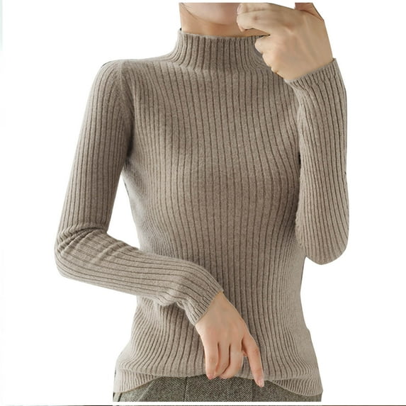 UAMVSH Womens Fall Sweaters Slim Fit High Neck Long Sleeve Pullover Fashion Ribbed Knitted Thick Casual Layering Sweaters Tops(Large,Khaki)