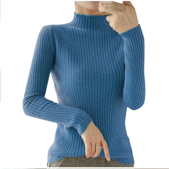 UAMVSH Womens Fall Sweaters Slim Fit High Neck Long Sleeve Pullover Fashion Ribbed Knitted Thick Casual Layering Sweaters Tops(Small,Blue)