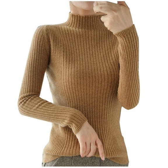 UAMVSH Womens Fall Sweaters Slim Fit High Neck Long Sleeve Pullover Fashion Ribbed Knitted Thick Casual Layering Sweaters Tops(Small,Gold)