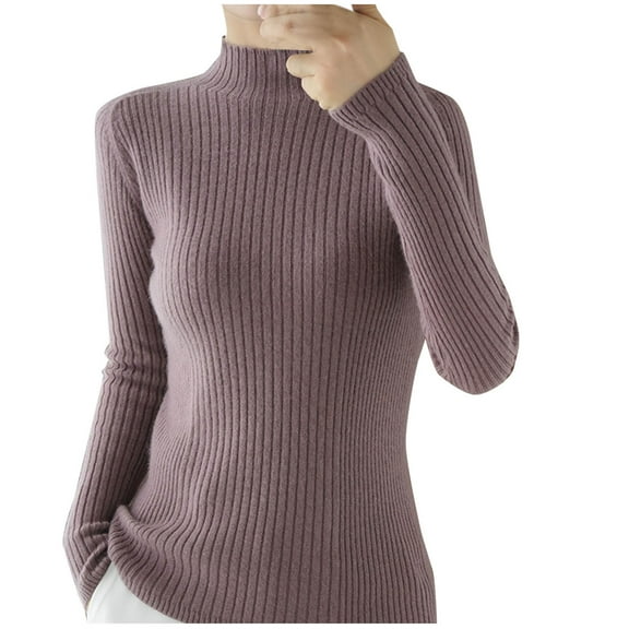 UAMVSH Womens Fall Sweaters Slim Fit High Neck Long Sleeve Pullover Fashion Ribbed Knitted Thick Casual Layering Sweaters Tops(Small,Purple)