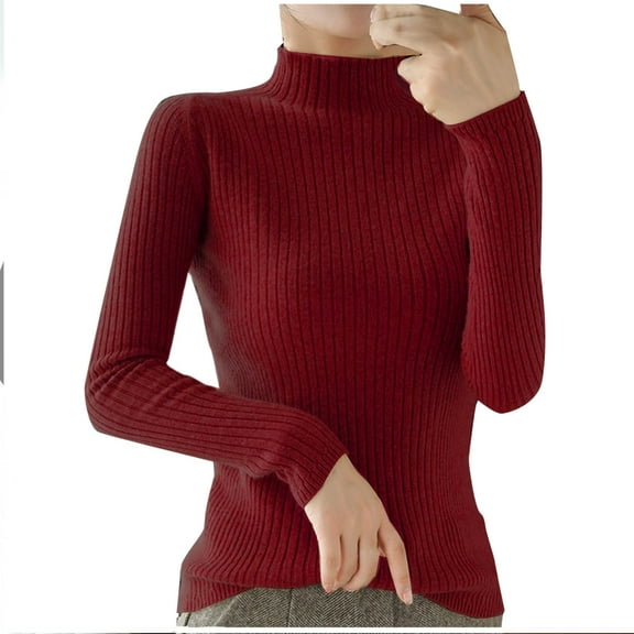 UAMVSH Womens Fall Sweaters Slim Fit High Neck Long Sleeve Pullover Fashion Ribbed Knitted Thick Casual Layering Sweaters Tops(X-Large,Red)