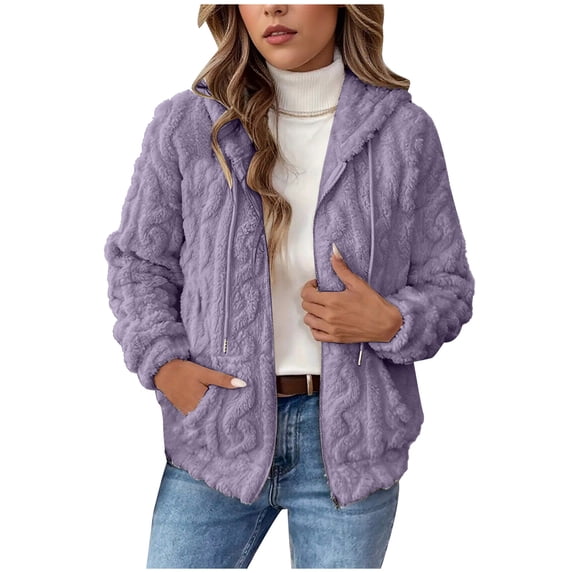 UAMVSH Womens Fleece Jacket Long Sleeve Zip Up Hooded Coat Comfy Soft Fuzzy Drawstring Warm Outerwear with Pockets Winter Clothes