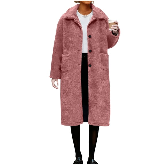 UAMVSH Womens Fleece Jacket Soft Fuzzy Single Breasted Long Coat Dressy Casual Lapel Warm Outcoat with Pockets Winter Clothing