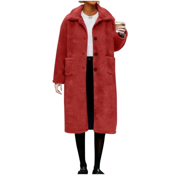 UAMVSH Womens Fleece Jacket Soft Fuzzy Single Breasted Long Coat Dressy Casual Lapel Warm Outcoat with Pockets Winter Clothing