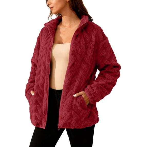 UAMVSH Womens Fleece Jacket Stand Collar Casual Long Sleeve Coat Soft Warm Zip Up Textured Outerwear for Cold Weather with Pockets