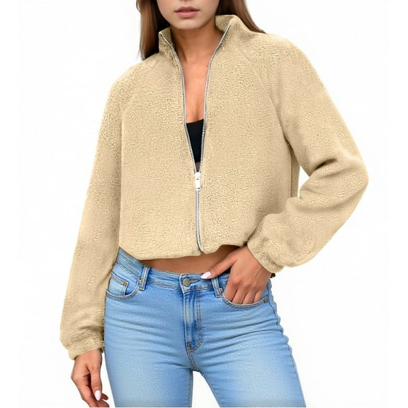 UAMVSH Womens Fleece Jacket Stand Collar Casual Long Sleeve Cropped Coat Soft Warm Full Zip Winter Outwear Going Out Outfits