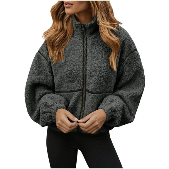 UAMVSH Womens Fleece Jakcet Oversized Color Block Long Sleeve Cropped Coats Soft Fuzzy Zip Up Warm Outwear Winter Clothes