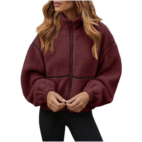 UAMVSH Womens Fleece Jakcet Oversized Color Block Long Sleeve Cropped Coats Soft Fuzzy Zip Up Warm Outwear Winter Clothes