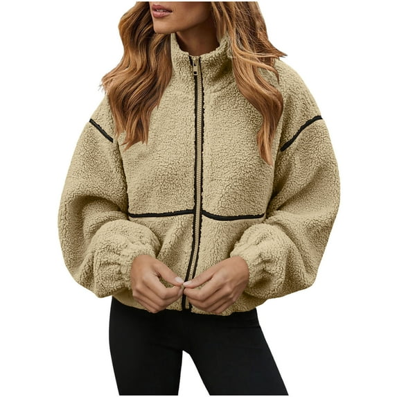UAMVSH Womens Fleece Jakcet Oversized Color Block Long Sleeve Cropped Coats Soft Fuzzy Zip Up Warm Outwear Winter Clothes