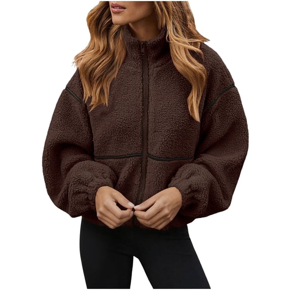 UAMVSH Womens Fleece Jakcet Oversized Color Block Long Sleeve Cropped Coats Soft Fuzzy Zip Up Warm Outwear Winter Clothes