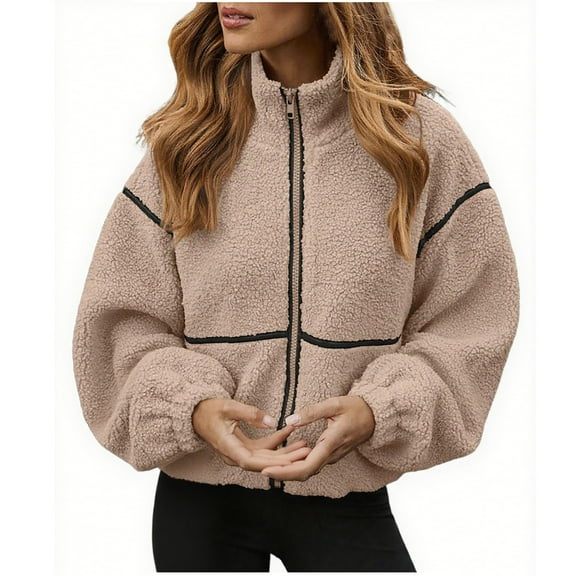 UAMVSH Womens Fleece Jakcet Oversized Color Block Long Sleeve Cropped Coats Soft Fuzzy Zip Up Warm Outwear Winter Clothes