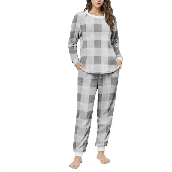 UAMVSH Womens Fleece Pajama Sets 2 Piece Long Sleeve Plaid Shirts and Warm Pants Set Comfy Casual Crewneck Fuzzy Loungewear with Pockets