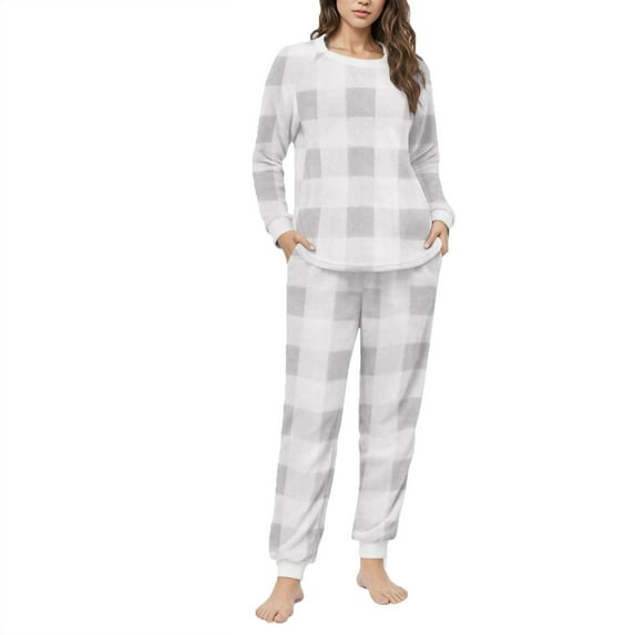 UAMVSH Womens Fleece Pajama Sets 2 Piece Long Sleeve Plaid Shirts and Warm Pants Set Comfy Casual Crewneck Fuzzy Loungewear with Pockets
