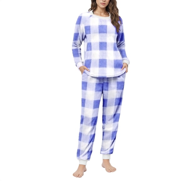 UAMVSH Womens Fleece Pajama Sets 2 Piece Long Sleeve Plaid Shirts and Warm Pants Set Comfy Casual Crewneck Fuzzy Loungewear with Pockets