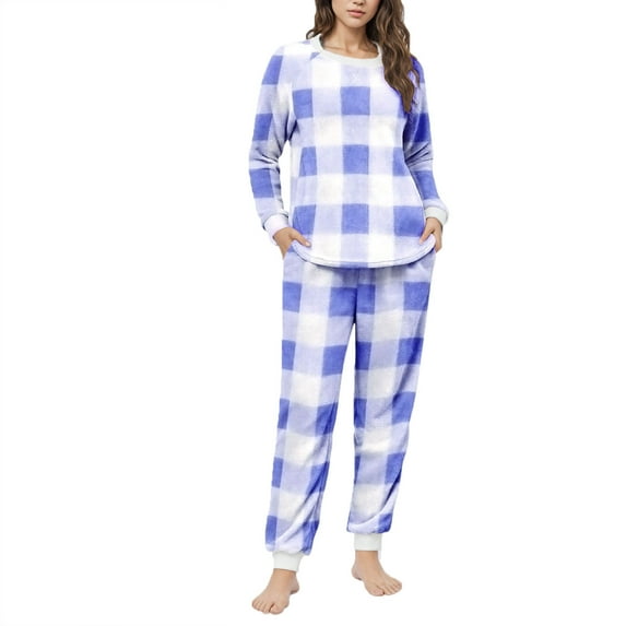 UAMVSH Womens Fleece Pajama Sets 2 Piece Long Sleeve Plaid Shirts and Warm Pants Set Comfy Casual Crewneck Fuzzy Loungewear with Pockets