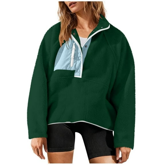 UAMVSH Womens Fleece Pullover Color Block Long Sleeve Tops Fall Winter Casual Button Down Cropped Sweatshirt with Pockets Trendy Outfits