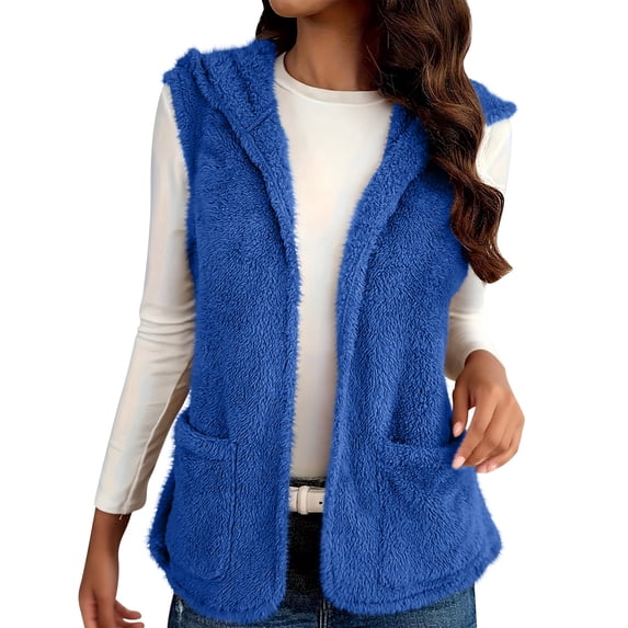 UAMVSH Womens Fleece Vest Open Front Casual Sleeveless Hooded Jacket Lightweight Cozy Fuzzy Warm Outwear with Pockets