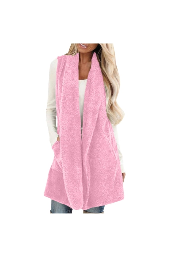 Womens Fleece Vest Sherpa Warm Sleeveless Long Jacket Cozy Fuzzy Open Front Cardigan Overcoat with Pockets Winter Clothing