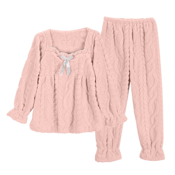 UAMVSH Womens Fluffy Pajamas Set Fleece Warm Long Sleeve Sleepwear Casual Cute Bow Tie Pajama Top and Pants Set Winter Clothes
