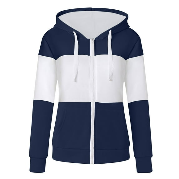 UAMVSH Womens Full Zip up Hoodies Jackets Trendy Long Sleeve Color Block Hooded Sweatshirts with Pockets Casual Fall Tunic Coats(Medium,Navy)