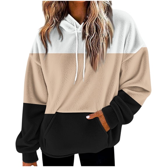 UAMVSH Womens Fuzzy Hoodies Flannel Fleece Color Block Pullover Tops Soft Winter Warm Long Sleeve Oversized Sweatshirt with Pockets