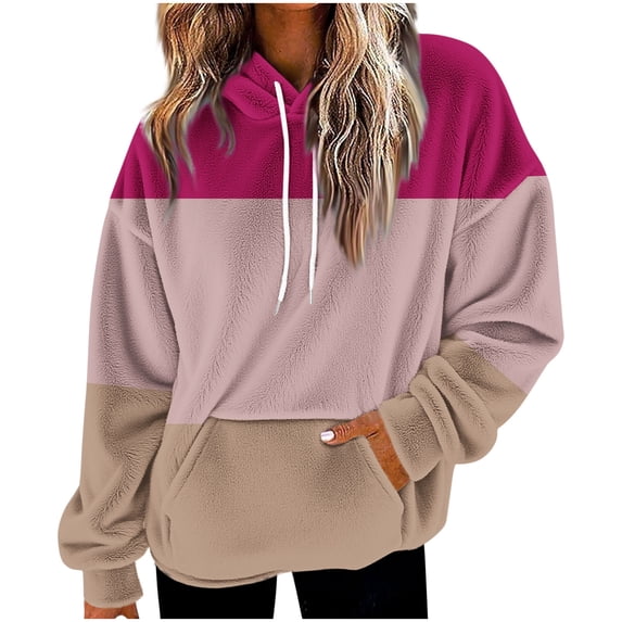 UAMVSH Womens Fuzzy Hoodies Flannel Fleece Color Block Pullover Tops Soft Winter Warm Long Sleeve Oversized Sweatshirt with Pockets