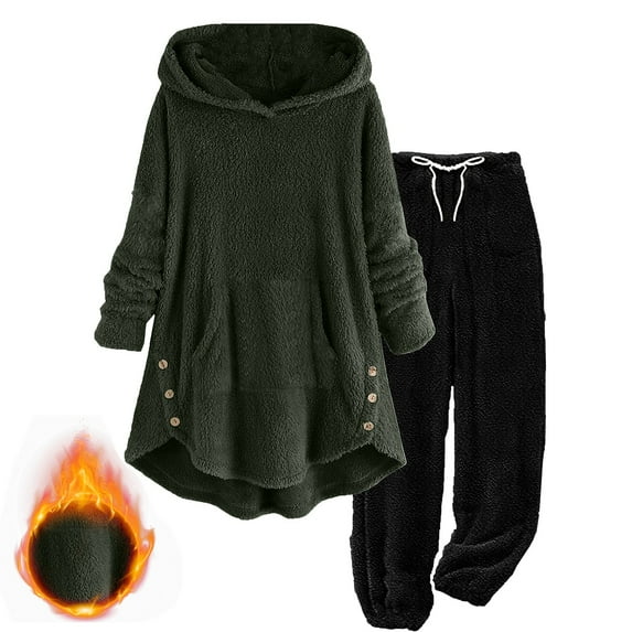 UAMVSH Womens Fuzzy Sherpa 2 Piece Outfits Plus Size Fleece Hoodies Tops with Pants Pajama Sets Winter Warm Plush Loungewear(5X-LargeBlack 1)