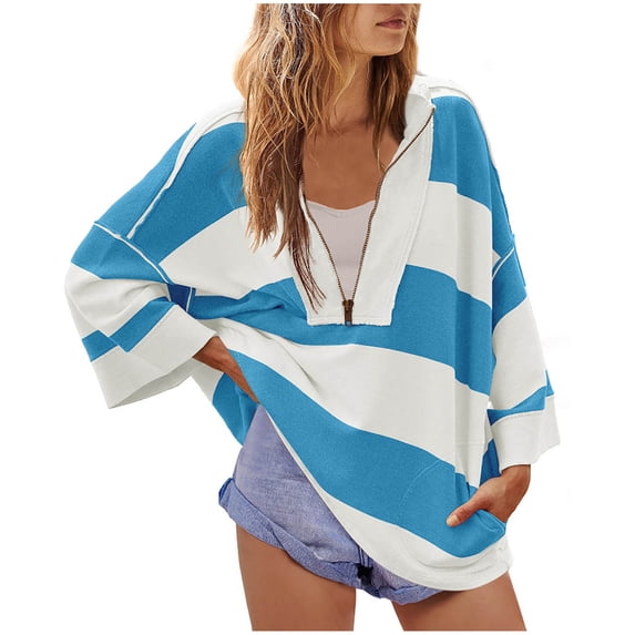 UAMVSH Womens Half Zip Pullover Color Block V Neck Oversized Sweatshirt Casual Loose Long Sleeve Tops Streetwear with Pockets