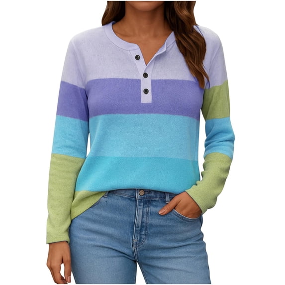 UAMVSH Womens Henley Tops Long Sleeve Color Block Soft Tunic Shirts Casual Loose Fit Crewneck Basic Tees Fall Clothes