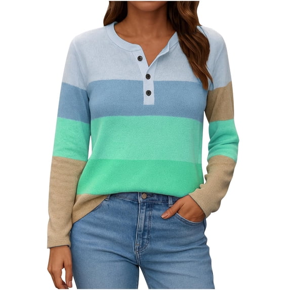 UAMVSH Womens Henley Tops Long Sleeve Color Block Soft Tunic Shirts Casual Loose Fit Crewneck Basic Tees Fall Clothes